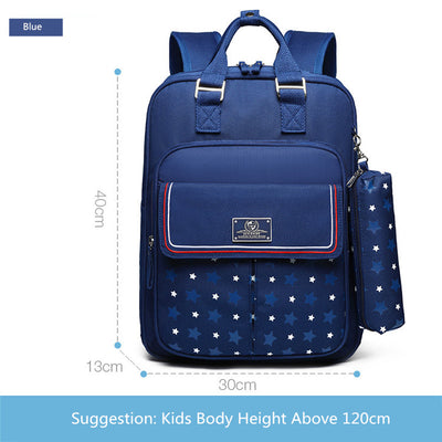 Blue kids' school backpack with white star pattern, front pocket, and matching pencil case. Measures 40x30x13cm. - Image 5