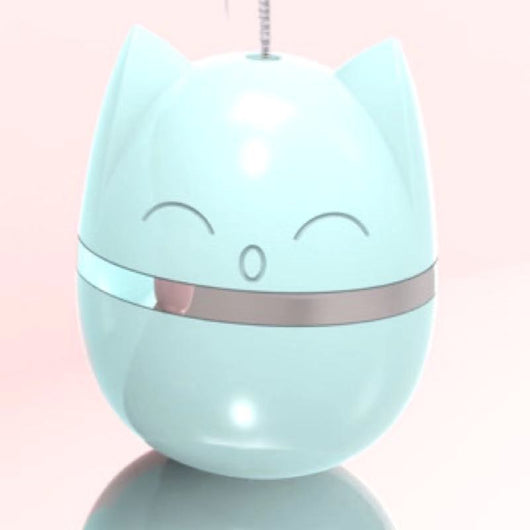 Pink cat-shaped tumbler toy with a feather attachment, featuring a cute face and silver band. - Image 3