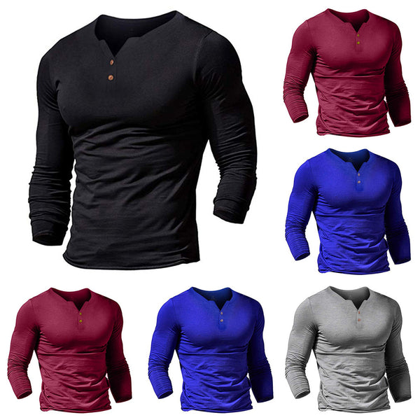 Camiseta Slim Fit Cuello V Manga Larga Color Liso para Hombre