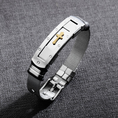 Pulsera Brazalete Ajustable de Acero Inoxidable con Cruz Bíblica para Hombre - Joyería Cristiana - Image 3