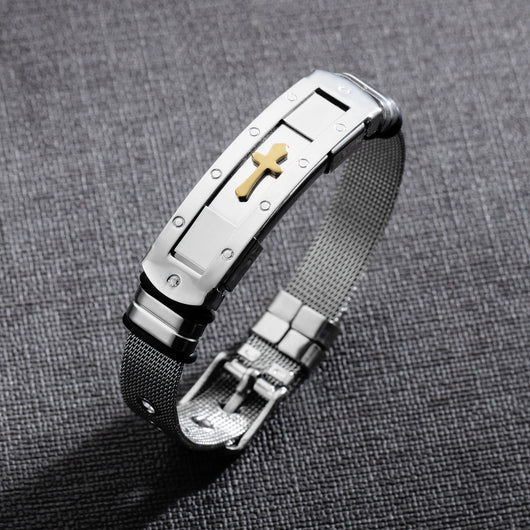 Pulsera Brazalete Ajustable de Acero Inoxidable con Cruz Bíblica para Hombre - Joyería Cristiana - Image 3