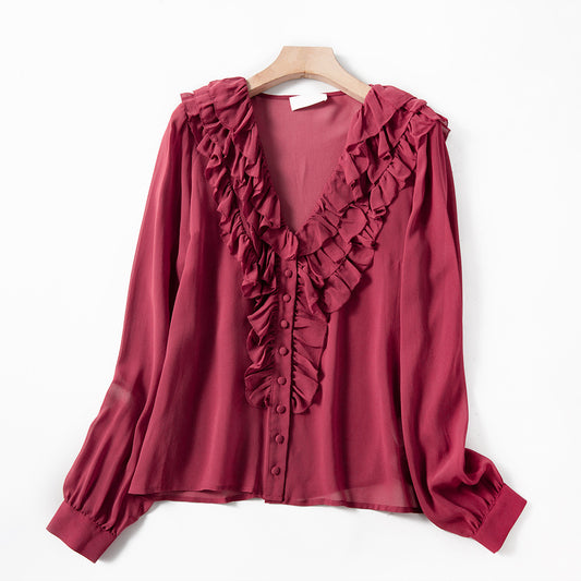 Camisa de Seda Escote V para Industria Pesada con Detalles en Madera