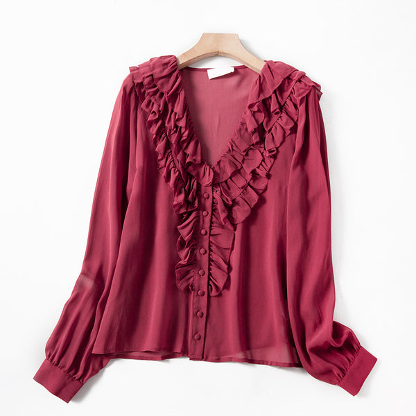 Camisa de Seda Escote V para Industria Pesada con Detalles en Madera
