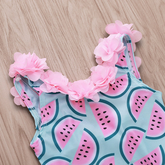 Traje de Baño Infantil con Estampado de Sandía y Encaje Floral - Image 2