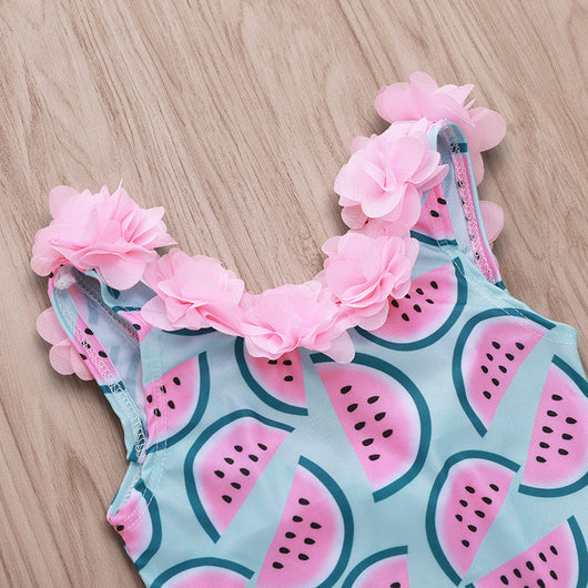 Traje de Baño Infantil con Estampado de Sandía y Encaje Floral - Image 2