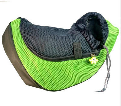 Green and black mesh pet carrier sling bag with a drawstring opening and a yellow flower-shaped zipper pull. - Image 8