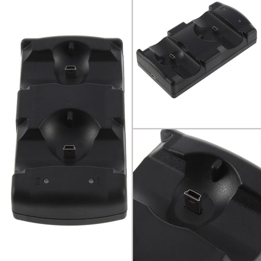 Black dual charging dock for PlayStation 3 controllers and Move navigation controllers, shown with a coiled USB cable. - Image 2