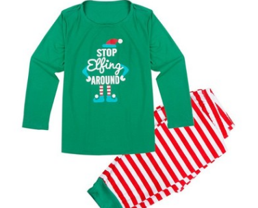 Kids' green long-sleeve Christmas pajama top with an elf graphic and matching red and white striped pants. - Image 9