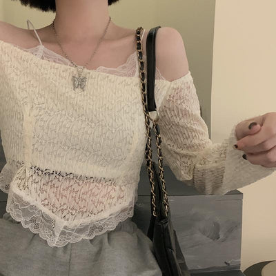 Blusa de Encaje Hueco sin Tirantes con Tirantes Ajustables - Image 6