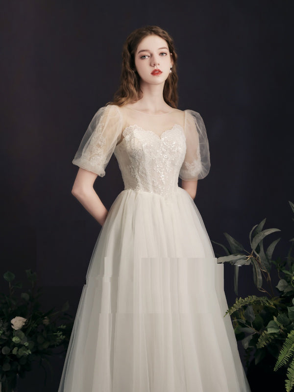 Vestido de Novia Blanco Midi con Mangas Burbuja