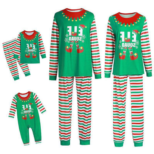 Family of four wearing matching green and red striped Christmas pajamas with "ELF SQUAD" and elf boot graphics. - Image 9