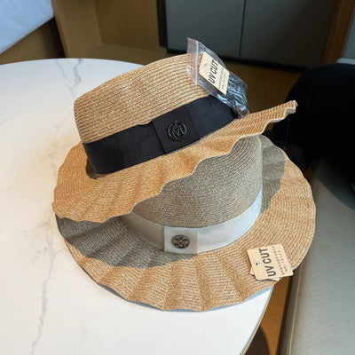 Sombrero de Paja Plegable con Ala Ondulada para Mujer