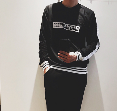 Black sweater suit with white stripes on sleeves and hem, featuring mirrored "SAN FRANCISCO" text on the chest. - Image 7