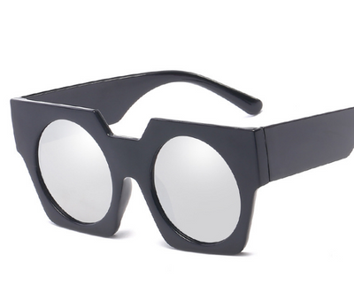White geometric vintage big frame sunglasses with round purple gradient lenses, shown at an angle. - Image 3