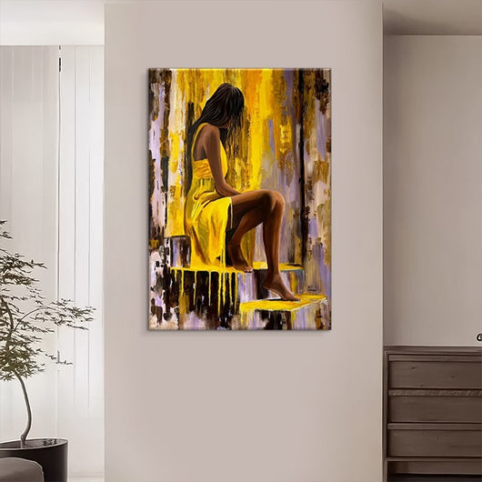 Cuadro Óleo Moderno Pintado a Mano - Chica en Vestido Amarillo para Sala y Dormitorio - Image 9