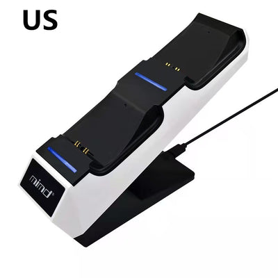 White and black dual charging station for PS5 game controllers with blue LED indicators and 'mind' logo. - Image 6