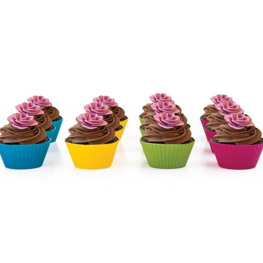Six colorful silicone cupcake liners in red, blue, hot pink, yellow, pink, and lime green on a white background. - Image 2