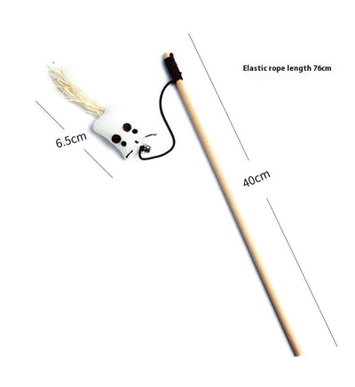 Cat teaser toy with a long wooden pole, a striped ball, brown feathers, and a small bell. - Image 23