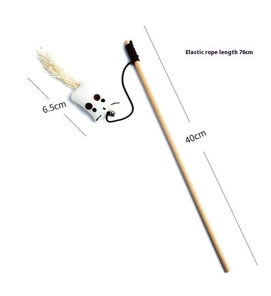 Cat teaser toy with a long wooden pole, a striped ball, brown feathers, and a small bell. - Image 23