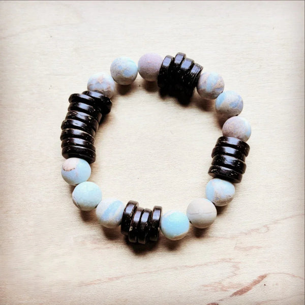 **Frosted Aqua Terra and Wood Stretch Bracelet (808y)