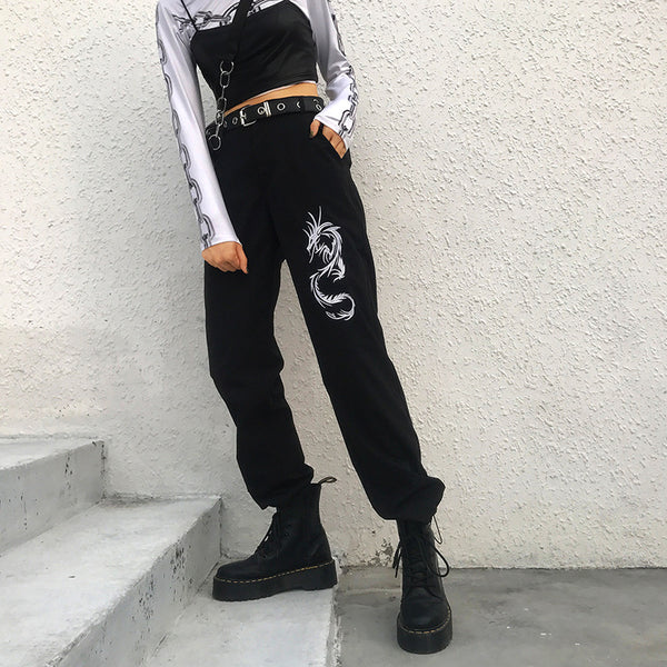 Pantalones Casuales Mujer Estilo Chino con Bordado de Dragón
