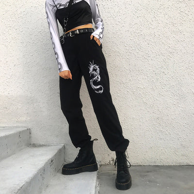 Pantalones Casuales Mujer Estilo Chino con Bordado de Dragón