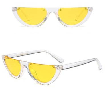Bright yellow semi-rimless sunglasses with dark gray half-moon lenses, featuring a modern cat-eye shape. - Image 11