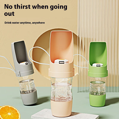 White 2-in-1 travel dog water bottle and food dispenser with a clear compartment and gray lanyard for pets. - Image 9