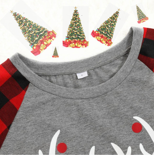 Baby's Christmas pajama set with grey 'Merry Christmas' reindeer top and red and black buffalo plaid pants. - Image 3