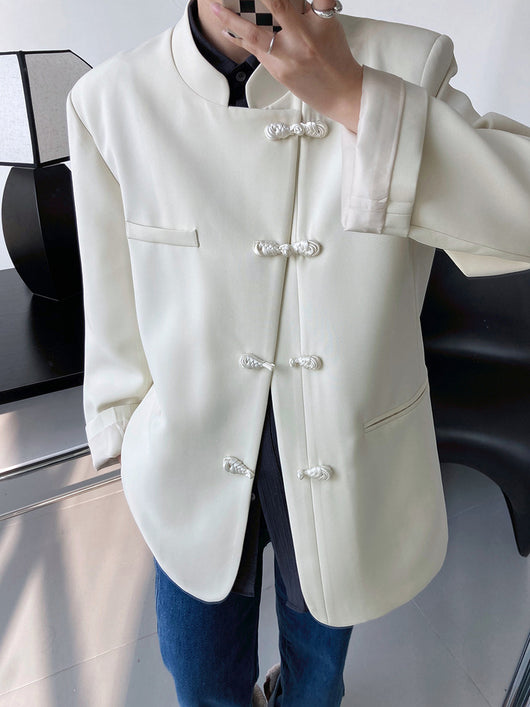 Blazer Vintage con Cuello Alto y Hebilla para Mujer