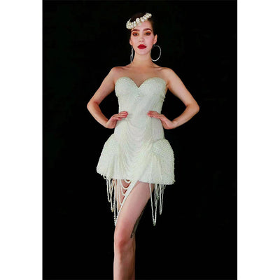 Conjunto Elegante Top Tubo Blanco con Perlas y Falda Ajustada - Image 5