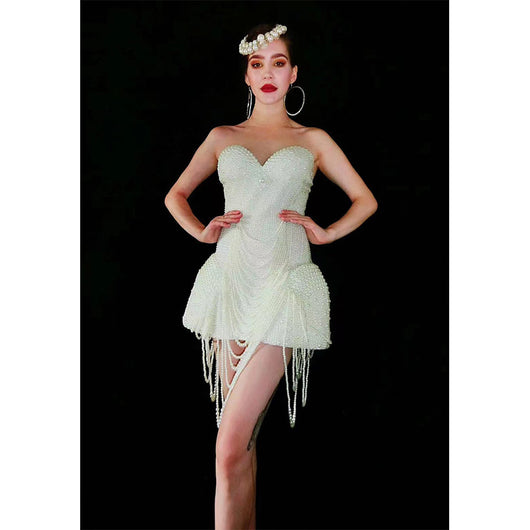 Conjunto Elegante Top Tubo Blanco con Perlas y Falda Ajustada - Image 5