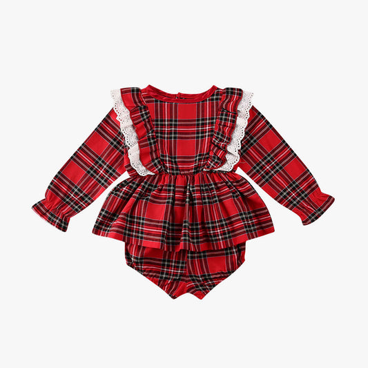 Traje Infantil Cuadros Rojos con Moño y Encaje - Image 2