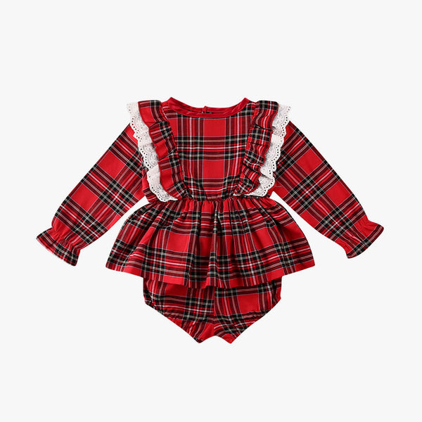 Traje Infantil Cuadros Rojos con Moño y Encaje