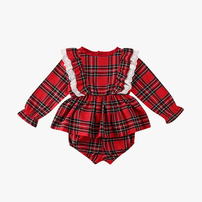 Traje Infantil Cuadros Rojos con Moño y Encaje - Image 2