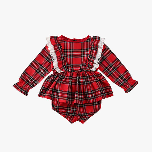 Traje Infantil Cuadros Rojos con Moño y Encaje - Image 2