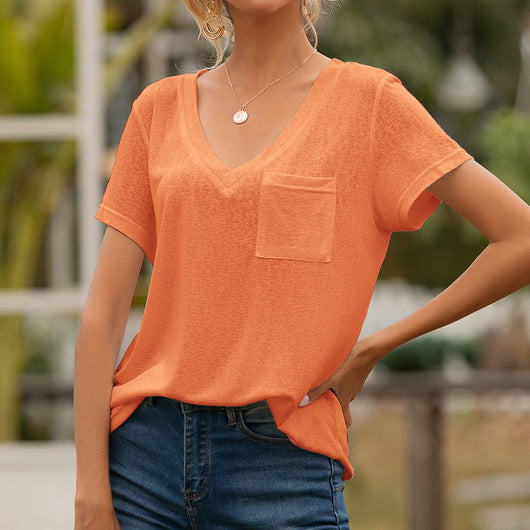 Blusa Casual Holgada con Escote en V y Bolsillos