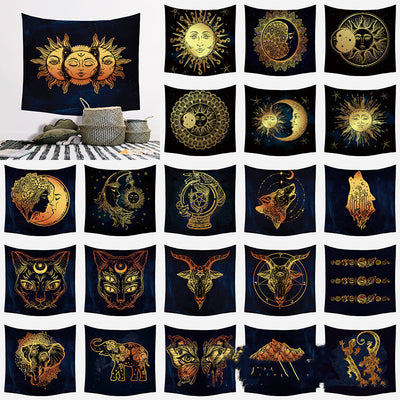 Golden crescent moon and woman silhouette tapestry with a floral crown against a dark blue starry background.