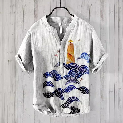 Camisa Lino Hombre Estampado Oceánico Manga Corta Suelta Casual - Image 2