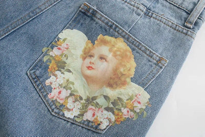 Pantalón Harem Denim Talle Alto con Estampa Ángel - Corte Suelto y Versátil - Image 11