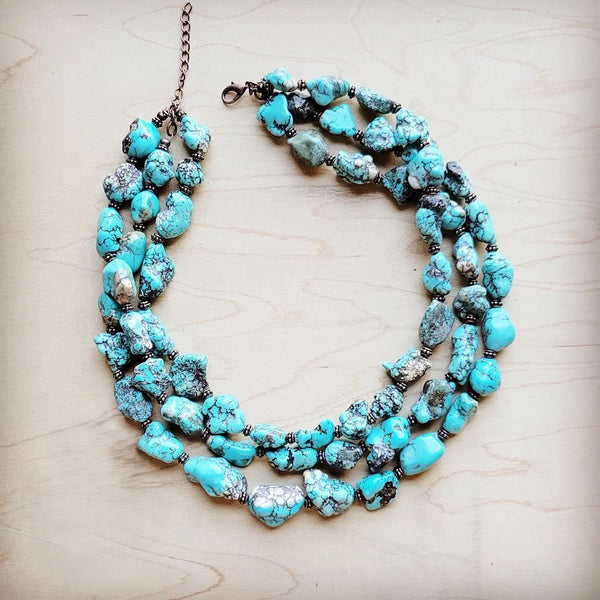 Large Triple Strand Blue Turquoise & Copper Collar Necklace 259d