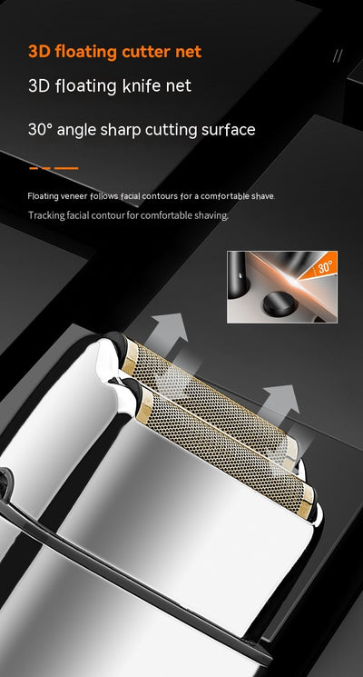 White and silver Kemei electric reciprocating shaver with gold foil head, cleaning brush, and USB charging cable. - Image 4