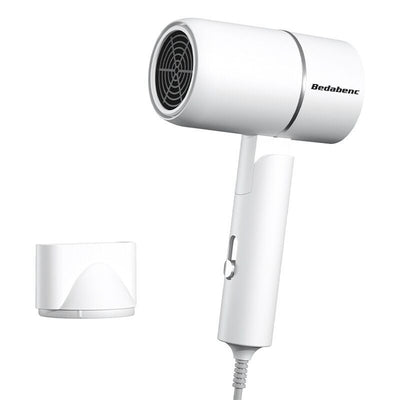 White portable folding hair dryer with rose gold accents and a nozzle attachment, shown with its base. - Image 15