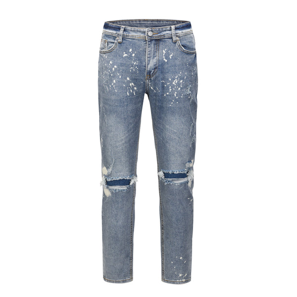 Jeans Azul Claro con Efecto Salpicado y Rotos Desgastados
