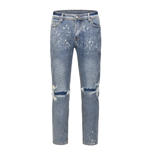 Jeans Azul Claro con Efecto Salpicado y Rotos Desgastados