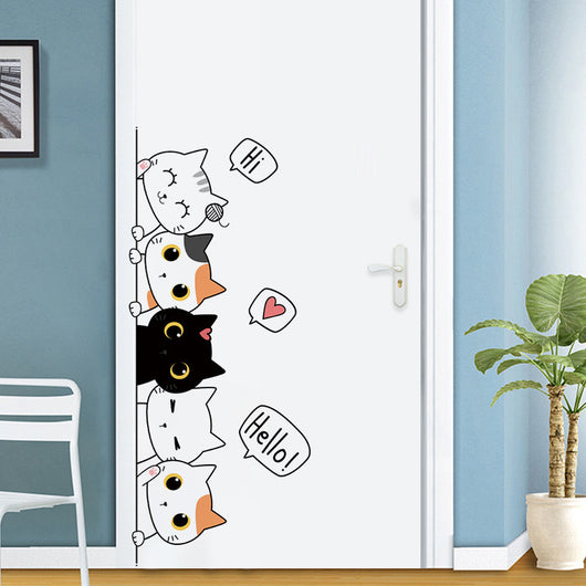Cute cartoon cat wall sticker featuring five cats in white, black, and orange with speech bubbles. - Image 2