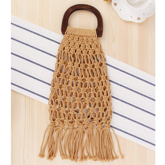 Bolsa Tejida Portátil con Asa de Madera - Bolso de Fibra Natural y Cuerda de Algodón - Image 14