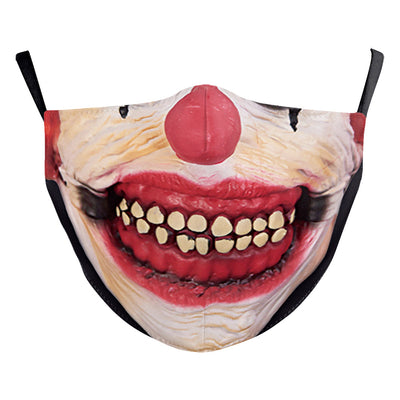 Halloween funny horror face dust mask with a scary clown print, red nose, wide red lips, and yellowed teeth. - Image 17