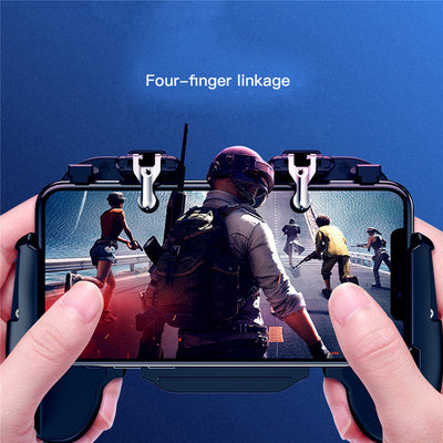 Black mobile gaming controller with a smartphone, featuring shoulder triggers and a glowing blue cooling fan. - Image 3