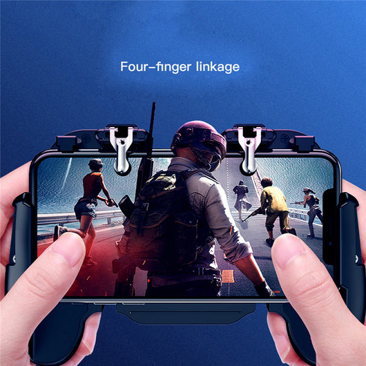 Black mobile gaming controller with a smartphone, featuring shoulder triggers and a glowing blue cooling fan. - Image 3